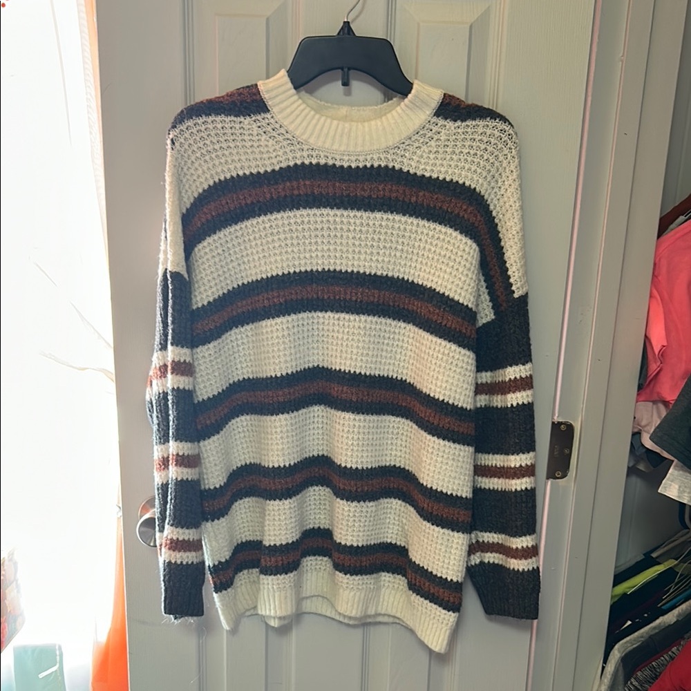 American Eagle Outfitters Striped Crew Neck Sweater - White, Grey, Brown